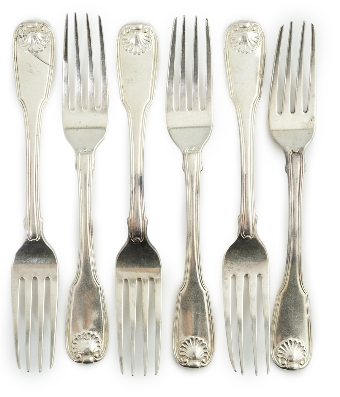 A set of six George III silver fiddle, thread and shell pattern table forks, by William Eley and William Fearn